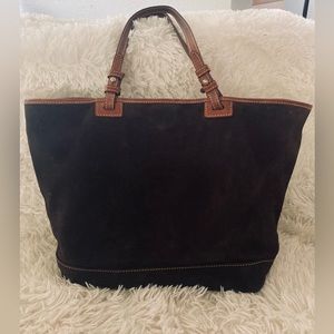 Dooney & Bourke Dark Brown Suede Tote Handbag with Leather Straps